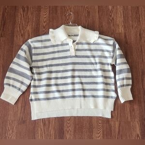 Easel Gray and White Ruffle Collar Striped Sweater